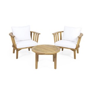 Solano 3pc Outdoor Chat Set: Acacia Wood, Water-Resistant Cushions, Curved Backrest - Christopher Knight Home - 1 of 4