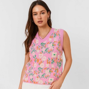 Woman Floral Knit Sleeveless Vest – 40% Acrylic Blend, Casual Fit Cherie Code - 1 of 4