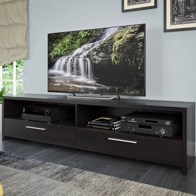 Black Faux Wood Grain 75'' TV Stand with Cabinet and Drawers