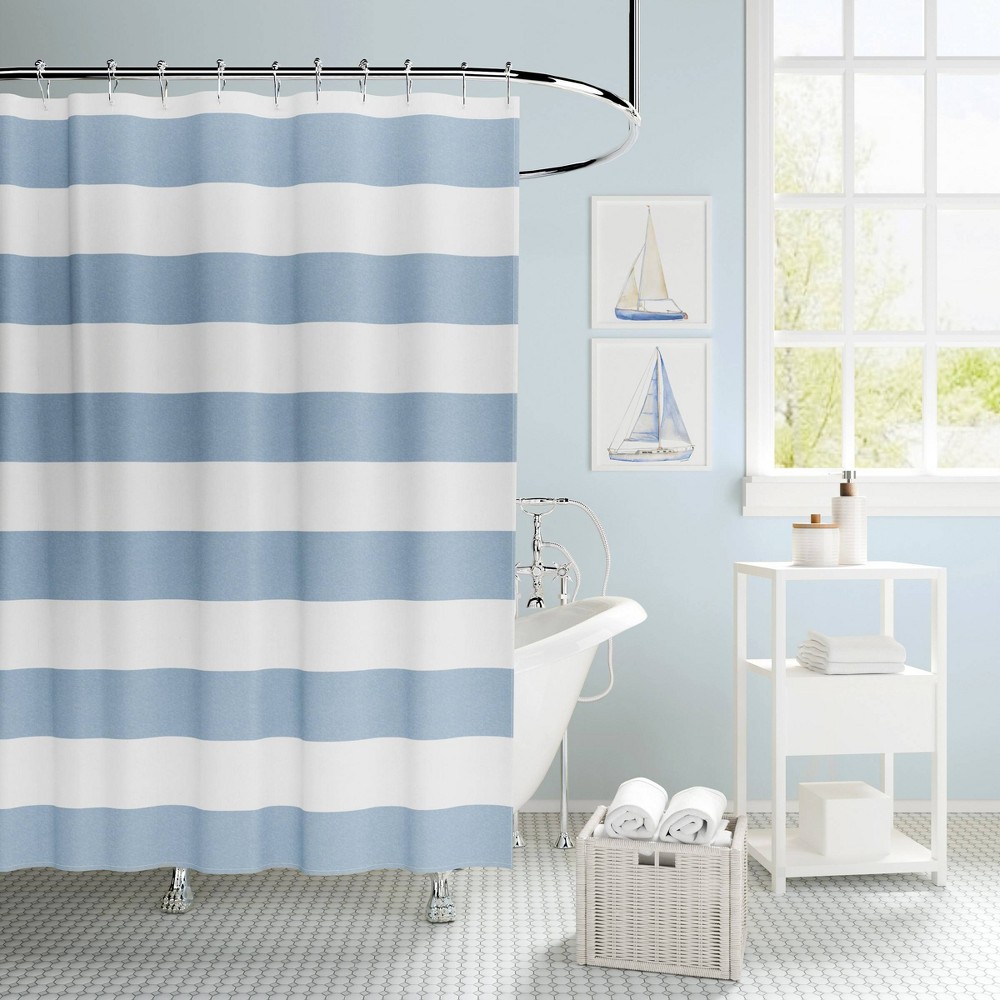 Urban Playground Lavelle Kids' Shower Curtain Blue: 72"x72" Polyester, Stripe Pattern, Machine Washable, Buttonhole Top