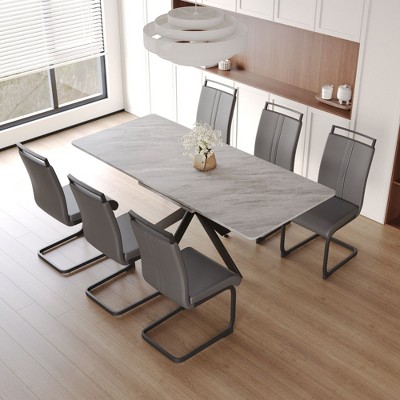 NicBex Dining Table Set for 6 Modern Extendable Dining Room Table with MDF Marble Pattern Tabletop and 6 PU Chairs for Kitchen