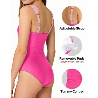 Charmo Girls Swimsuit One Piece Bathing Suits Retro Square Neck Ruched Adjustable Strap Swimwear Pink 9-10 Years — фото 6