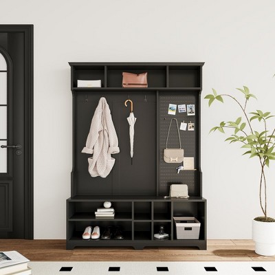 Hall Tree with Shoe Bench, Coat Rack ,Shoe Storage ,Storage Shelves and Pegboard