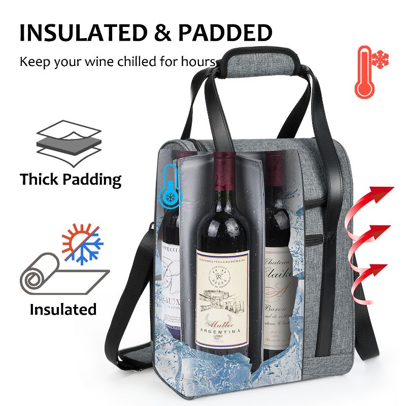 Tirrinia 6 Bottle Wine Cooler Bag - Insulated Padded Portable Versatile Wine Gift carrier Tote Bag for Travel, BYOB Restaurant, Party, Black, 2 of 8