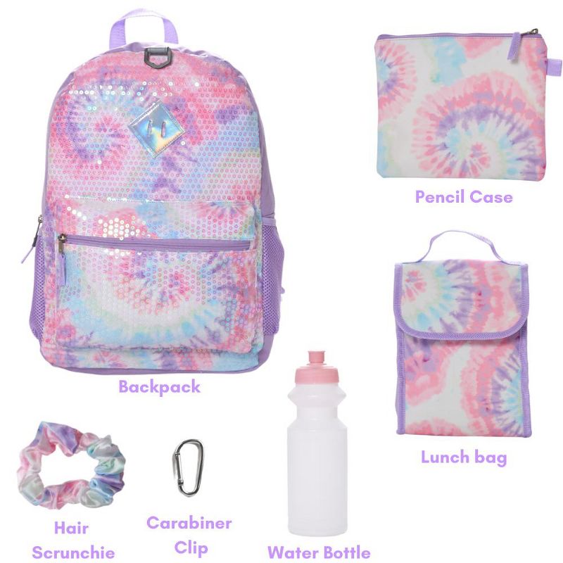 CLUB LIBBY LU Sequin Tie Dye Backpack Set for Girls, 16 inch, 6 Pieces - Includes Foldable Lunch Bag, Water Bottle, Scrunchie, & Pencil Case, 2 of 10