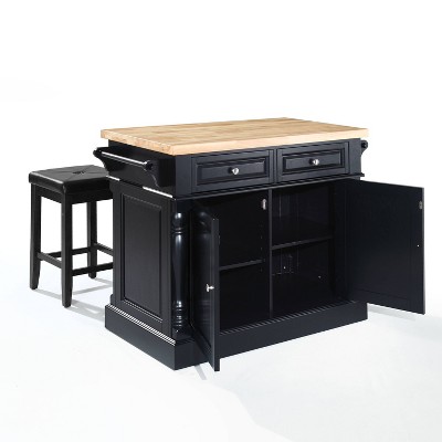 Oxford Black Butcher Block Kitchen Island with Cushioned Stools