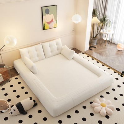 MYINDA Lazy  Sofa Couch, 78.7" Multifunctional Folding Sofa Bed, 3 in 1 Teddy Fabric Foam Filled Sleeper Sofa Bed for Living Room, Guest Room, Beige
