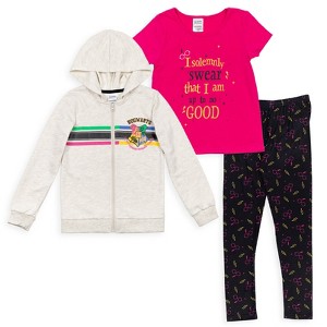 Harry Potter Gryffindor Hufflepuff Girls Zip Up French Terry Hoodie T-Shirt & Leggings 3 Pc Outfit Set Toddler to Big Kid - 1 of 4