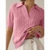Women's Cable Short Sleeve Sweaters Tops Solid Lapel V Neck Cable Knit Casual Soft Pullover Shirt - 2 of 4