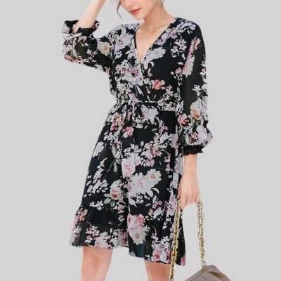 Anna-Kaci Women's Floral Print Wrap Dress with Ruffle Hem and Waist Tie