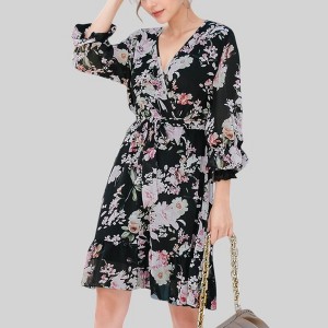 Anna-Kaci Women's Floral Print Wrap Dress with Ruffle Hem and Waist Tie - 1 of 4