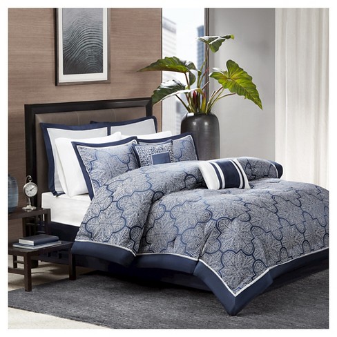 8-Piece Casey Navy Essential Comforter Set, Queen