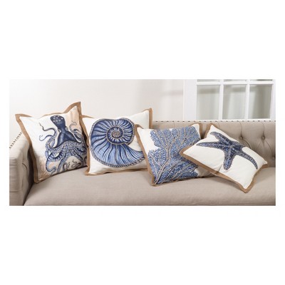 Navy Blue Spiral Shell Embroidered Cotton Throw Pillow