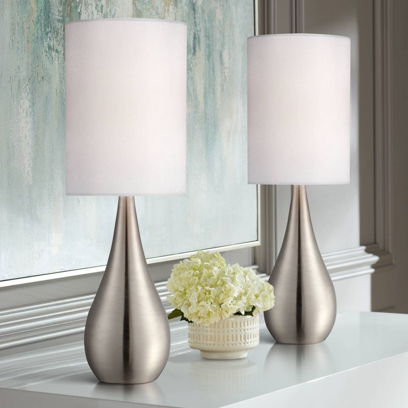 360 Lighting Evans Modern Accent Table Lamps 21" High Set of 2 Brushed Nickel Metal Teardrop White Cylinder Shade for Bedroom Living Room House Home, 2 of 9