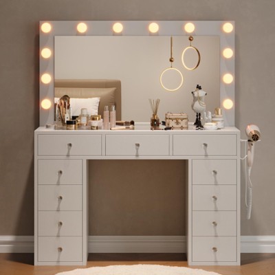 Vanity Desk with Mirror & 12 Lights, White Vanity with Power Outlet, Makeup Table with 11 Drawers