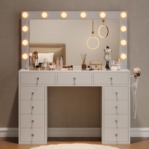Vanity Desk with Mirror & 12 Lights, White Vanity with Power Outlet, Makeup Table with 11 Drawers - 1 of 4
