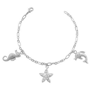 ShineHigh Seashore Charm Bracelet, 7-Inch Rhodium-Plated Link Style with Nautical-Themed Charms and Cubic Zirconia Accents, Lobster Clasp Closure - 1 of 1