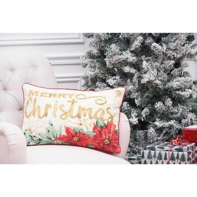 Merry Christmas Embroidered Cotton Throw Pillow with Poinsettia Design