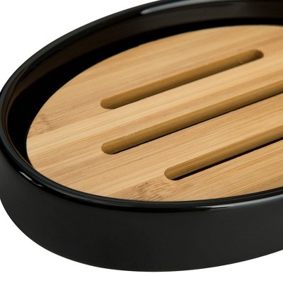 Black Ceramic Oval Soap Dish with Bamboo Insert