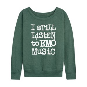 Women's - Instant Message - I Still Listen To Emo Music Lightweight French Terry Wide Neck Long Sleeve Shirt - 1 of 4