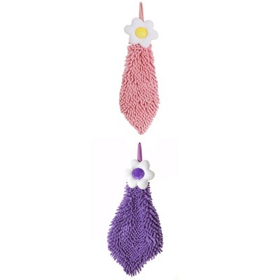 REGALWOVEN Chenille Soft Absorbent Flower Hanging Hand Towels for Bathroom 2 Pcs