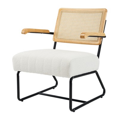 Beautyolove Mid-Century White Faux Lambskin Burlywood Arm Upholstered Accent Chair Armchair