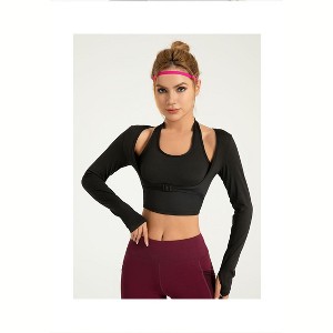 Coolmee Women's Long Sleeve Halter Tee with Thumb Hole Cropped Tops Slim Fit Athletic Pilates Workout Gym Shirts - 1 of 3