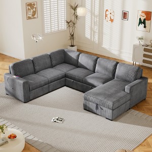 U-Shaped Modular Sofa with Storage Lounge Chair, 6-Seater Oversized Sofa with USB Interface - ModernLuxe - 1 of 4