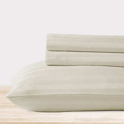 Ivory Striped Twin XL Cotton Sateen Deep Pocket Sheet Set