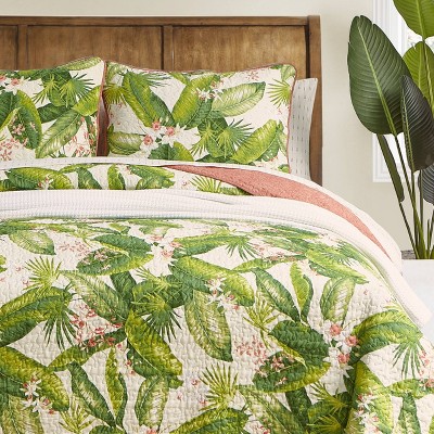 Ecru Cotton Full/Queen Reversible Quilt Set with Palm Leaf Design