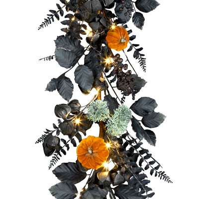 6-Foot Prelit LED Halloween Pumpkin Garland with Black Leaves