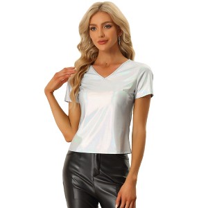 INSPIRE CHIC Women's V Neck Short Sleeve Party Clubwear Shiny Metallic Blouses - 1 of 4