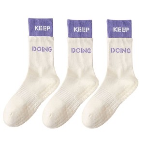 Anna-Kaci Women's 3-Pair Set Mid-Calf Grip Socks with Cushioned Soles and Motivational Text for Yoga Pilates Fitness - 1 of 4