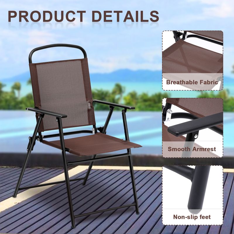 SKONYON 2PCS Patio Folding Dining Chairs Portable Armrest Sling Back Chairs Perfect for Camping Deck Beach Garden Brown, 5 of 6