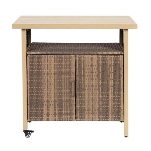 NAYSAYE Bar Serving Cart Outdoor Wicker Wine and Beverage Counter with Plastic Wood Top for Patio , Beige, 35.43"*19.69"*35.43" - 1 of 4