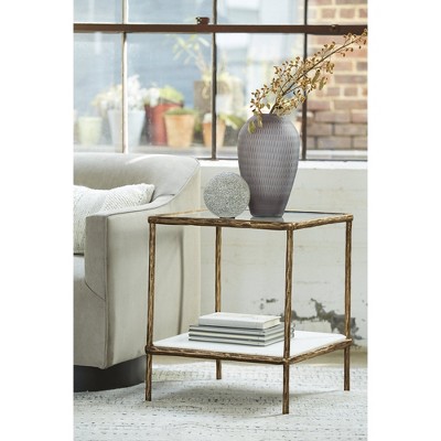 Ryandale 21" Square Antique Brass Accent Table with Glass Top