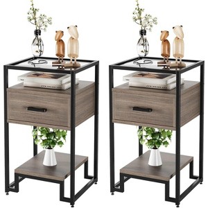 Set of 2 End Tables with Drawer, 3-Tier Storage & Tempered Glass Top, Steel Frame Side Table for Bedroom, Dorm, Easy Assembly, Brown - 1 of 4
