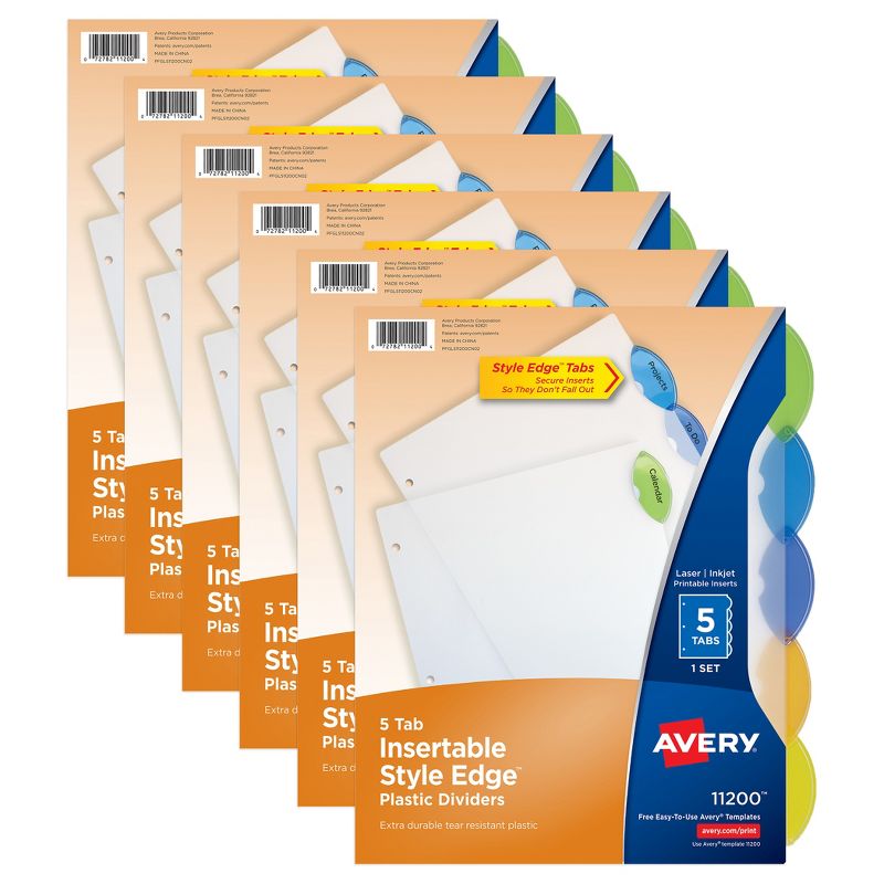 Avery® Insertable Style Edge™ Plastic Dividers, 5-Tab Set, Multicolor, 6 Sets, 1 of 10