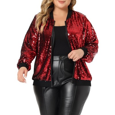 Agnes Orinda Women's Plus Size Party Metallic Sequin Sparkle Zip Bomber  Jackets Red 3X