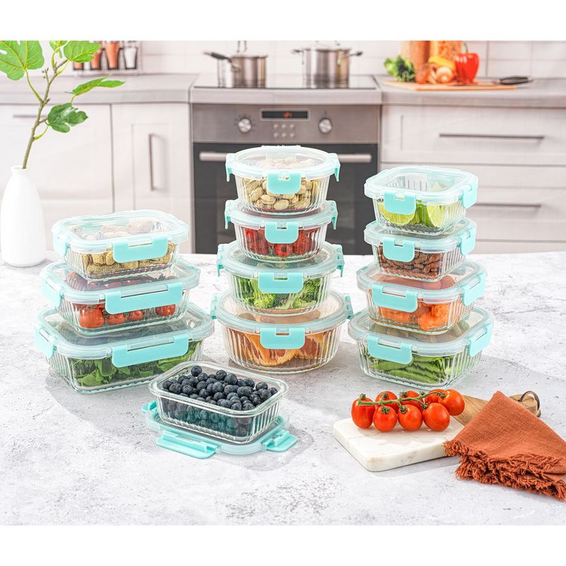 JoyJolt 24 Piece Fluted Glass Food Storage Containers with Leakproof Lids Set - Blue, 2 of 8