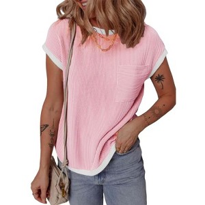 Womens Summer Causal Tops Cap Sleeve Shirts with Color Block Cuff Tiny Striped T-Shirts Chest Pocket Summer Lounge Tops Striped Shirts - 1 of 4
