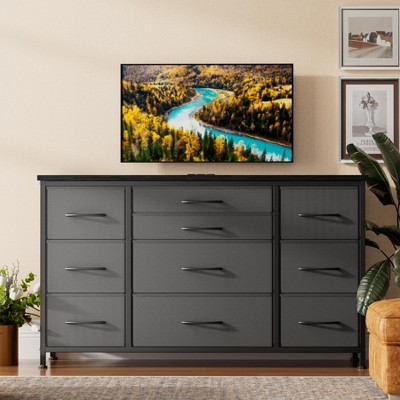 10 Drawer Dresser with Wooden Top for Bedroom, Rustic Tv Stand Dresser with Power Outlet for 55" TV, Fabric Dressers with Drawers for Living Room