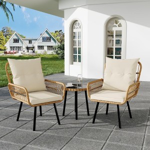 3 Piece Outdoor Wicker Patio Bistro Set, Rattan Conversation Set with Glass Top Coffee Table and Cushioned Chairs - 1 of 4