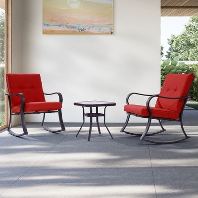 Sonkuki 3 Pieces Patio Bistro Set, Outdoor Funiture Set with 2 Rocking Chairs, Tempered Glass Top Coffee Table and Cushion