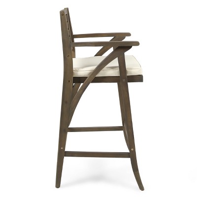 Hermosa Gray Acacia Wood Outdoor Barstools with Cream Cushions, Set of 4