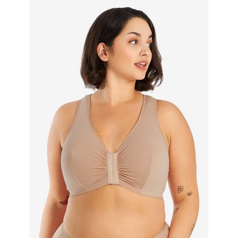 Leading Lady The Indy - Cotton Front-Closure Lace Racerback Bra in Sand,  Size: 50AB