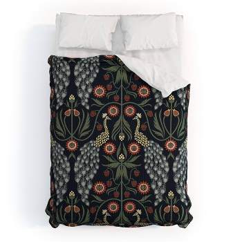 Queen Emanuela Carratoni Peacocks and Berries Polyester Comforter + Pillow Shams Blue - Deny Designs