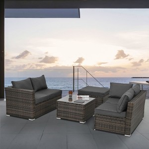 Isabel 4-Piece PE Wicker Patio Conversation Set with Tempered Glass Coffee Table, Patio Furniture, Outdoor Furniture - Maison Boucle - 1 of 4