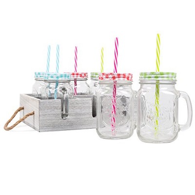 Deco Glass Drinking Mason Jar Cups With Handle & Wooden Carrier With  Reusable Straws, Lids & Handles Set Of 6, 16oz : Target