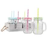 Deco Glass Drinking Mason Jar Cups with Handle & Wooden Carrier with Reusable Straws, Lids & Handles Set of 6, 16oz